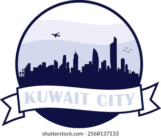 Silhouette skyline outline round logo of Kuwait City within circle graphic and banner scroll with text. Buildings with blue sky background and airplane with birds vector design.