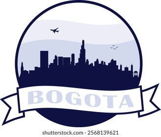 Silhouette skyline outline round logo of the city Bogota in Colombia within circle graphic and banner scroll with text. Buildings with blue sky background and airplane with birds vector design.