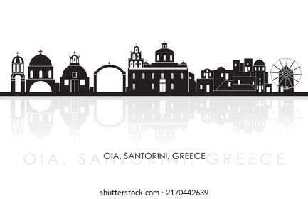 Panorama de Silhouette Skyline del pueblo de Oia, Santorini, Islas Cícladas, Grecia - ilustración vectorial