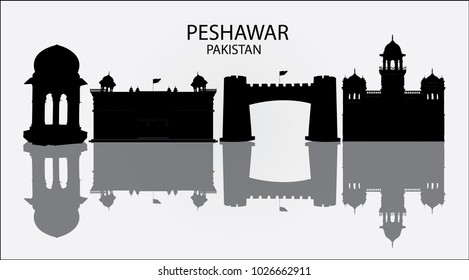 Silhouette of Skyline of Peshawar Pakistan in white background with reflection, showing Khyber Pass , Islamia College , Peshawar Museum and Yadgar Chowk