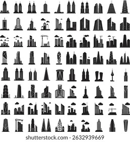 silhouette skyscraper icons set. building, architecture, cityscape, urban skyline. editable vector illustration
