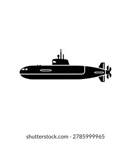 Silhouette of a sleek submarine with a propeller, navigating through calm waters, showcasing its streamlined design and stealthy presence in the ocean depths.