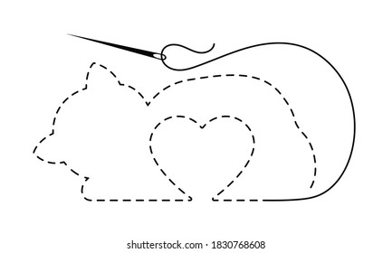 Silhouette of sleeping cat and heart with interrupted contour. Vector illustration of handmade work with embroidery thread and needle on white background. 