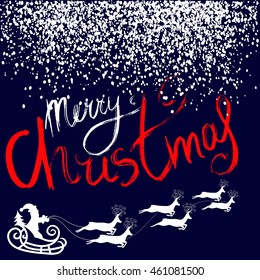 Silhouette Sleigh of Santa Claus and Reindeers. Handdrawn White and Red Lettering. EPS10
