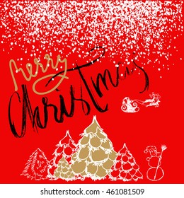 Silhouette Sleigh of Santa Claus and Reindeers. New Year fir on Red Background. Black and Gold Lettering.