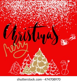 Silhouette Sleigh of Santa Claus and Reindeers. New Year fir. Black and Gold Lettering. White confetti. EPS10. Vector illustration.