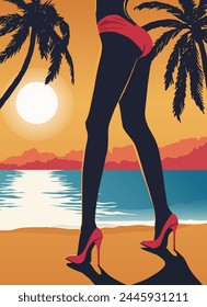 silhouette of slender female legs in stiletto heels on the ocean shore against the backdrop of the setting sun, palm trees and clouds. silhouette of a woman in a bikini 