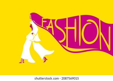 Silhouette of a slender girl. Confident young woman is walking dressed in an oversized wide white pant suit. Modern Fashion illustration. Long pink hair develops with letters. Wide poster flat vector 