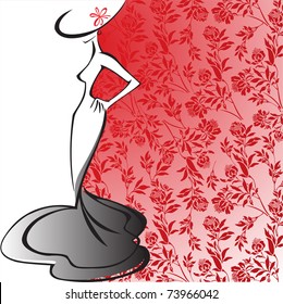 silhouette of a slender woman in a long dress against a background of red flowers