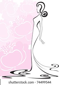 silhouette of a slender woman in a long dress against a background of pink flowers