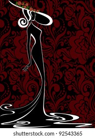 silhouette of a slender woman in a long dress and hat on a black-red background