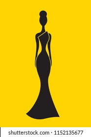 Silhouette of slender woman in long evening dress,  party dress, classic style of womens evening wear. Vector illustration