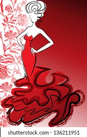 silhouette of the slender woman in a long red dress on a flower background