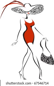 silhouette of slender woman running in a hat and red dress