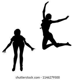 Silhouette of a slender young girl in two positions in full growth jumped in the air standing in a facet bending forward the concept of joy,