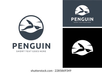 Silhouette of Sliding Penguin with Horizon Background for Antarctic coasts wildlife logo design