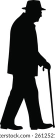 Silhouette of a slightly hunched elderly man walking slowly with a cane. Represents aging, weakness, and support needs