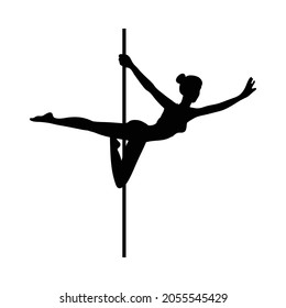 Silhouette of slim beautiful woman dancing on pole, flat vector illustration isolated on white background. Black outline shape of pole or pillar dancer female body.