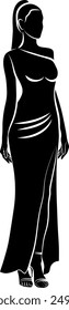 Silhouette of Slim Elegant Women In Long Dress . Vector monochromatic illustration 