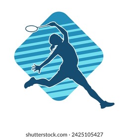 Silhouette of a slim female athlete doing badminton sport. Silhouette of a woman badminton sport player in action pose.
