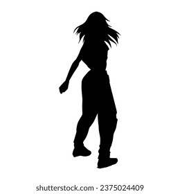 Silueta de una delgada pose de baile femenino. Silhouette de una mujer en movimiento aeróbico.