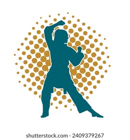 Silhouette of a slim female doing martial art pose. Silhouette of a martial art woman in action pose.
