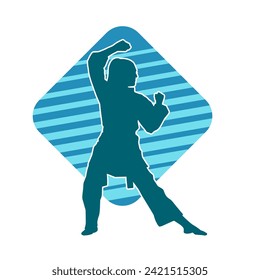 Silhouette of a slim female doing martial art pose. Silhouette of a martial art woman in action pose.