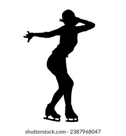 Silhouette of a slim female ice skate gymnastic dancer in action pose.