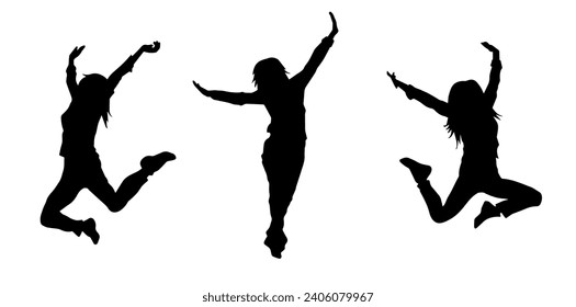 Silhouette of slim female people jump happily.