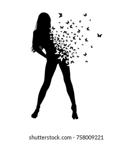 Silhouette of a slim girl of butterflies. Black and white vector illustration. Vector with effects.