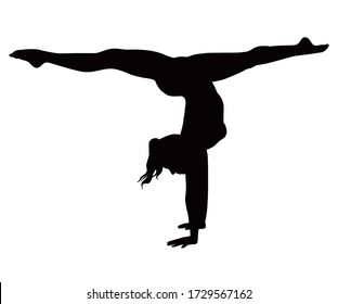Silhouette Of Slim Girl Doing Acrobatic Hand Stand And Twine. Shape Of Woman Doing Gymnastic Stretching Exercises. Yoga And Acrobatic Icon.