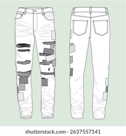 Silhouette of Slim jeans with patchwork and repair.