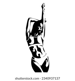 Señora delgada de la silueta posando con las manos levantadas, mostrando sus curvas ideales aisladas en el vector de ilustración de fondo blanco.