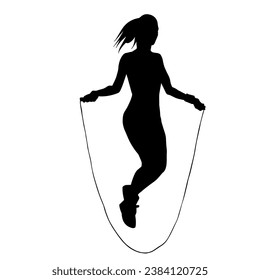 Silhouette of a slim sporty woman doing jump rope workout.