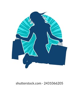 Silhouette of a slim young woman carrying shopping bags.