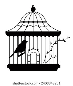 Silhouette of small bird in cage with swirls and branch of tree or plant. Isolated avian animal in zoo or pet store. Container with bars for birdie, parrot or exotic species. Vector in flat style