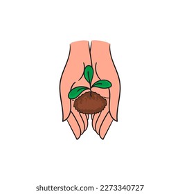 Silhouette of a small sprout in the hands. Plant in the ground. The sprout.Stock isolated vector illustration on white background.