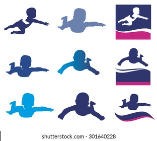 Silhouette of small swimming babies, symbols, elements, illustration isolated on white