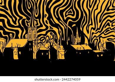 Silhouette of small town with church, houses on night sky. 