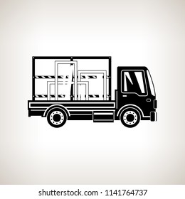 Silhouette Small Truck Transports Windows Isolated on Light Background, Transportation and Cargo Delivery Services, Logistics, Shipping and Freight of Goods, Vector Illustration