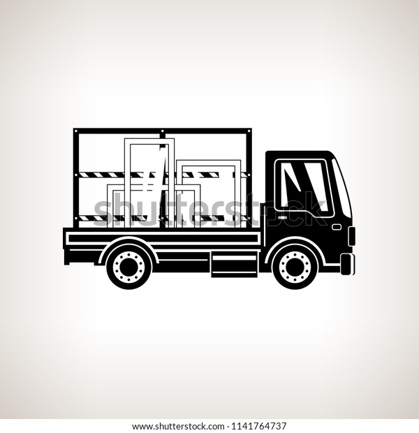 Silhouette Small\
Truck Transports Windows Isolated on Light Background,\
Transportation and Cargo Delivery Services, Logistics, Shipping and\
Freight of Goods, Vector\
Illustration