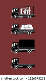 Silhouette Small Trucks with Different Loads Isolated, Empty and Covered Trucks, Lorries with Furniture and Windows, Delivery Services, Transport Services and Logistics, Vector Illustration