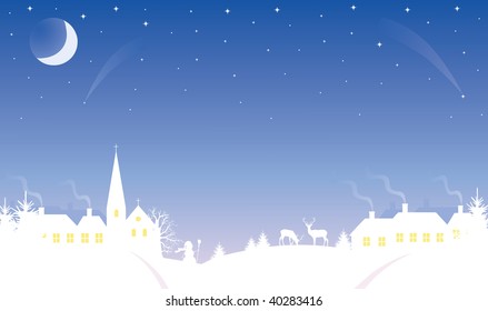 Silhouette of a small village at winter time. The Moon and stars in the sky.