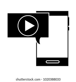 silhouette smartphone technology with chat bubble play video