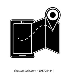 silhouette smartphone technology with geographyc map and location symbol