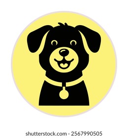 Silhouette smiley dog, with neck watch,  yellow round background, logo, Icon, vector illustration, use for web, print, media, T shirt logo, it is fully editable vector, symbolic dog. busine  logo. 