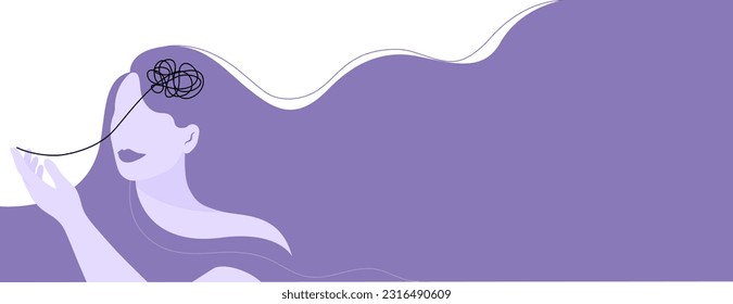 Silhouette of smiling woman with managing her stress or depress, mental health concept. Flat vector illustration banner.