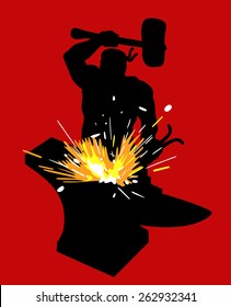 Silhouette Of The Smith On A Red Background. Blacksmith Forges Iron On The Anvil, Sparks Fly.