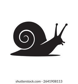 A silhouette of a snail with a spiral shell and antennae against a white background is presented here