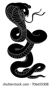 silhouette snake cobra tattoo isolate on white background. king Cobra snake with mouth open.Snake cobra illustration.